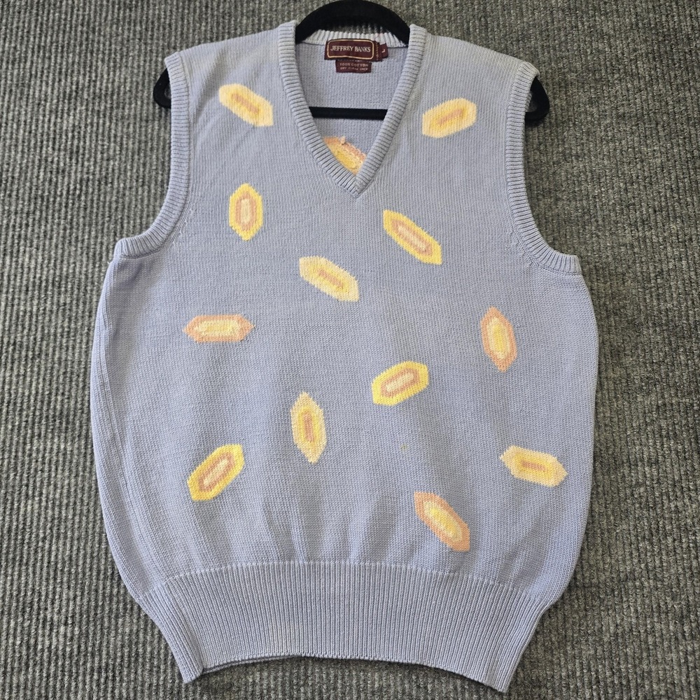 Vintage Jeffrey Banks Sweater Vest Mens Large Blue Cotton Geometric Graphic Knit